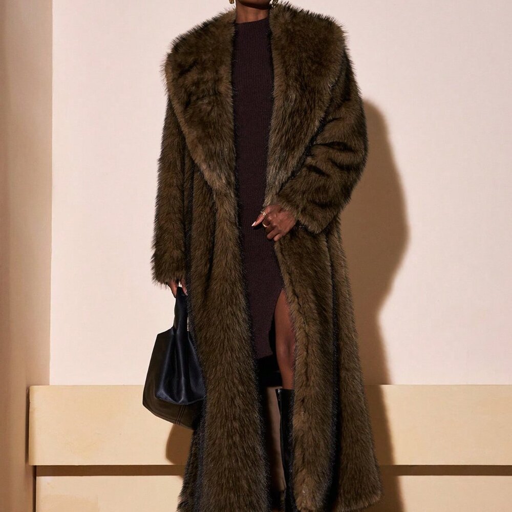Brown Preppy Women's Fluffy Ombre Long Elegant Faux Fur Parka Coat - Picture 7 of 7